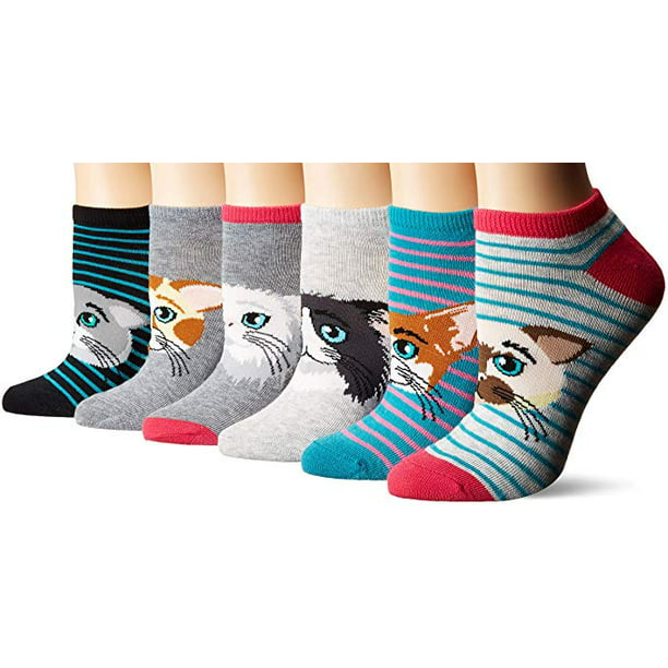Women's 6-Pk Assorted Cat Liner Socks Multi-Color Size 9-11 No Show 6 Pairs Lady